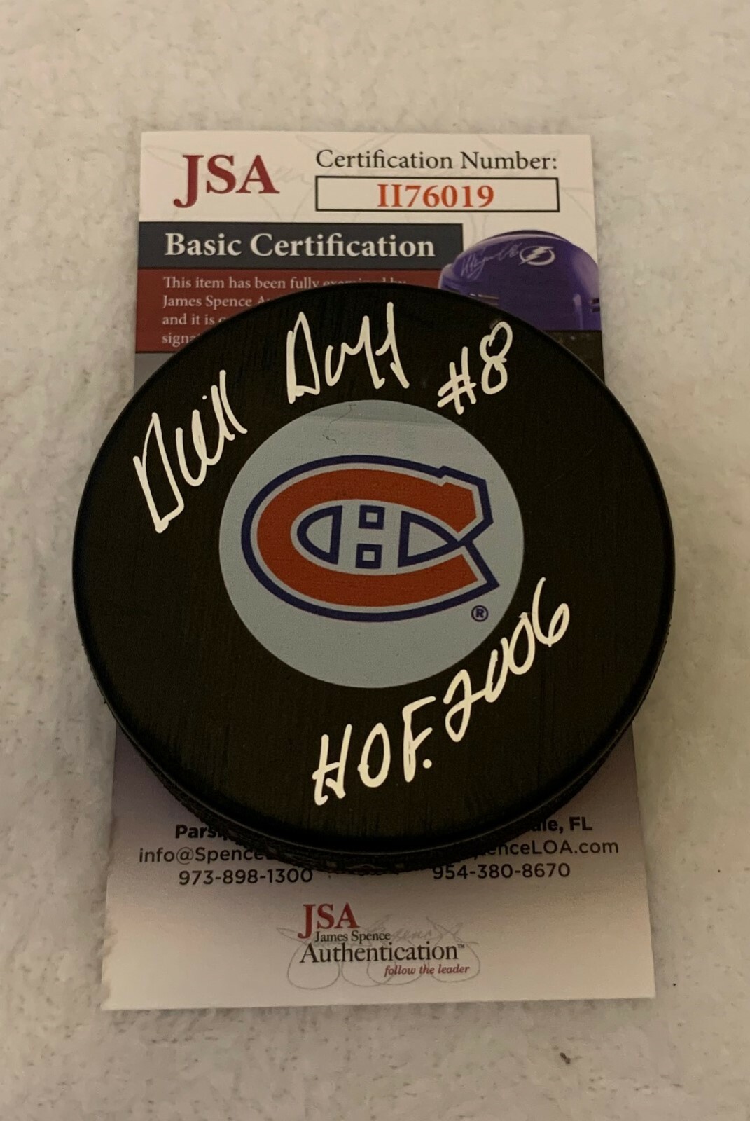 Dick Duff signed Montreal Canadiens Puck autographed W/ HOF Inscription JSA Collectible Memorabilia