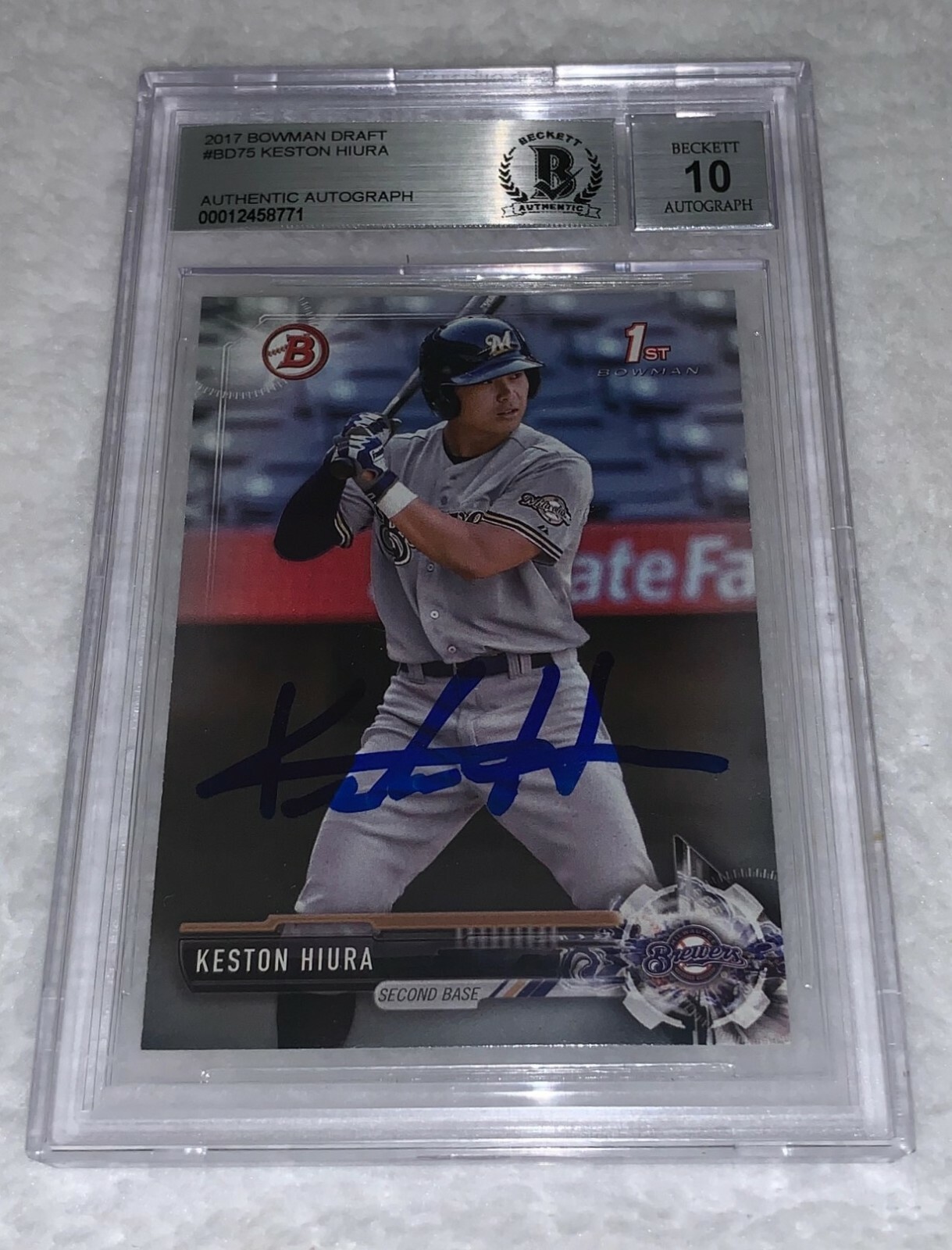 Keston Hiura Brewers signed 2017 Bowman Draft Rookie Card Beckett BGS Auto 10 Collectible Memorabilia