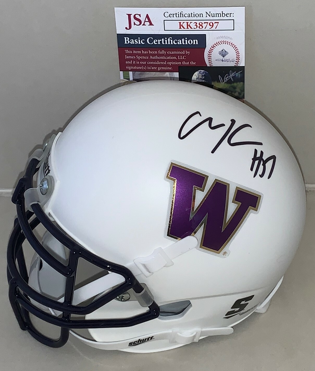 Olin Kreutz Bears signed Washington Huskies White Matte mini helmet JSA Collectible Memorabilia