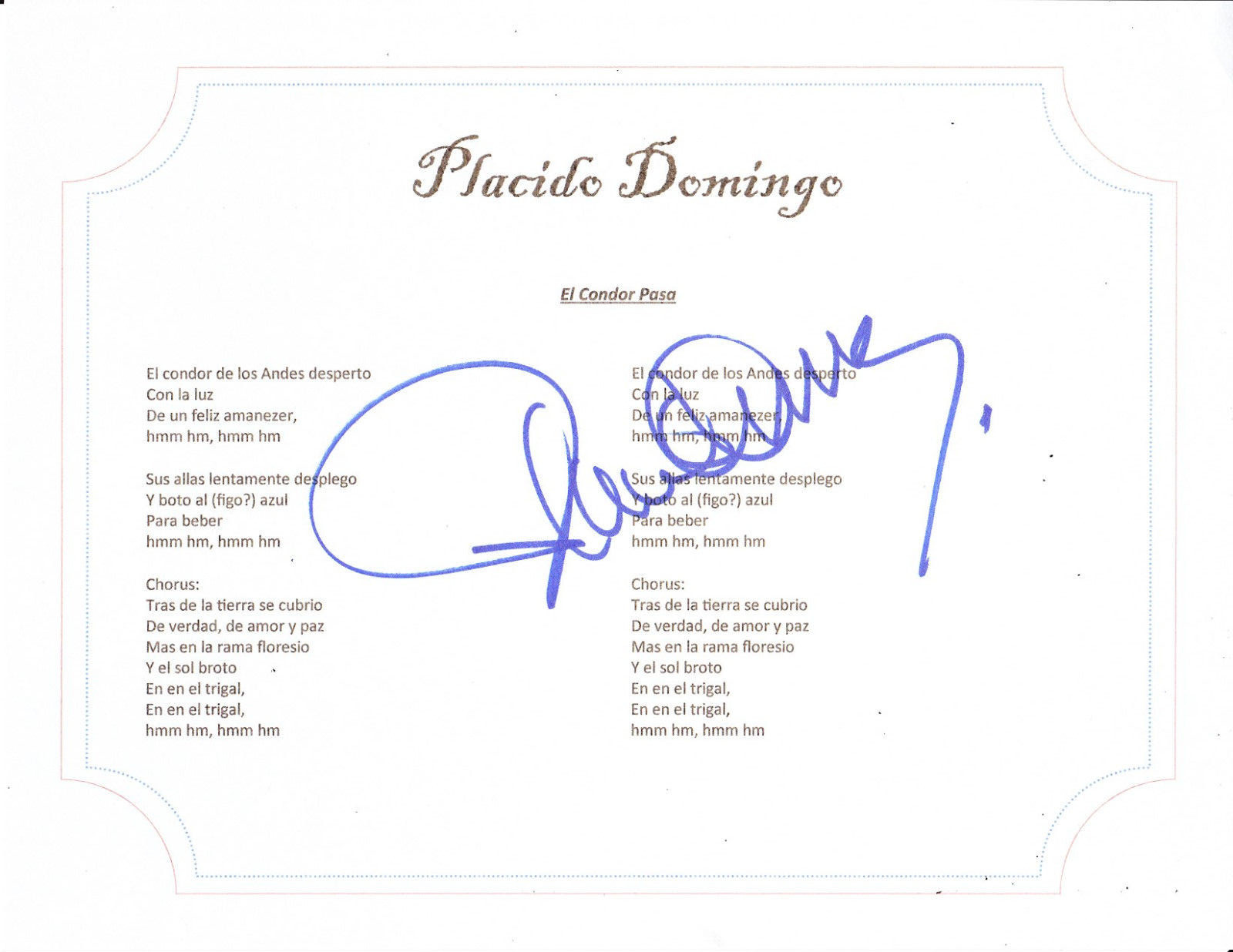 PLACIDO DOMINGO SIGNED EL CONDOR PASA LYRIC SHEET Collectible Memorabilia