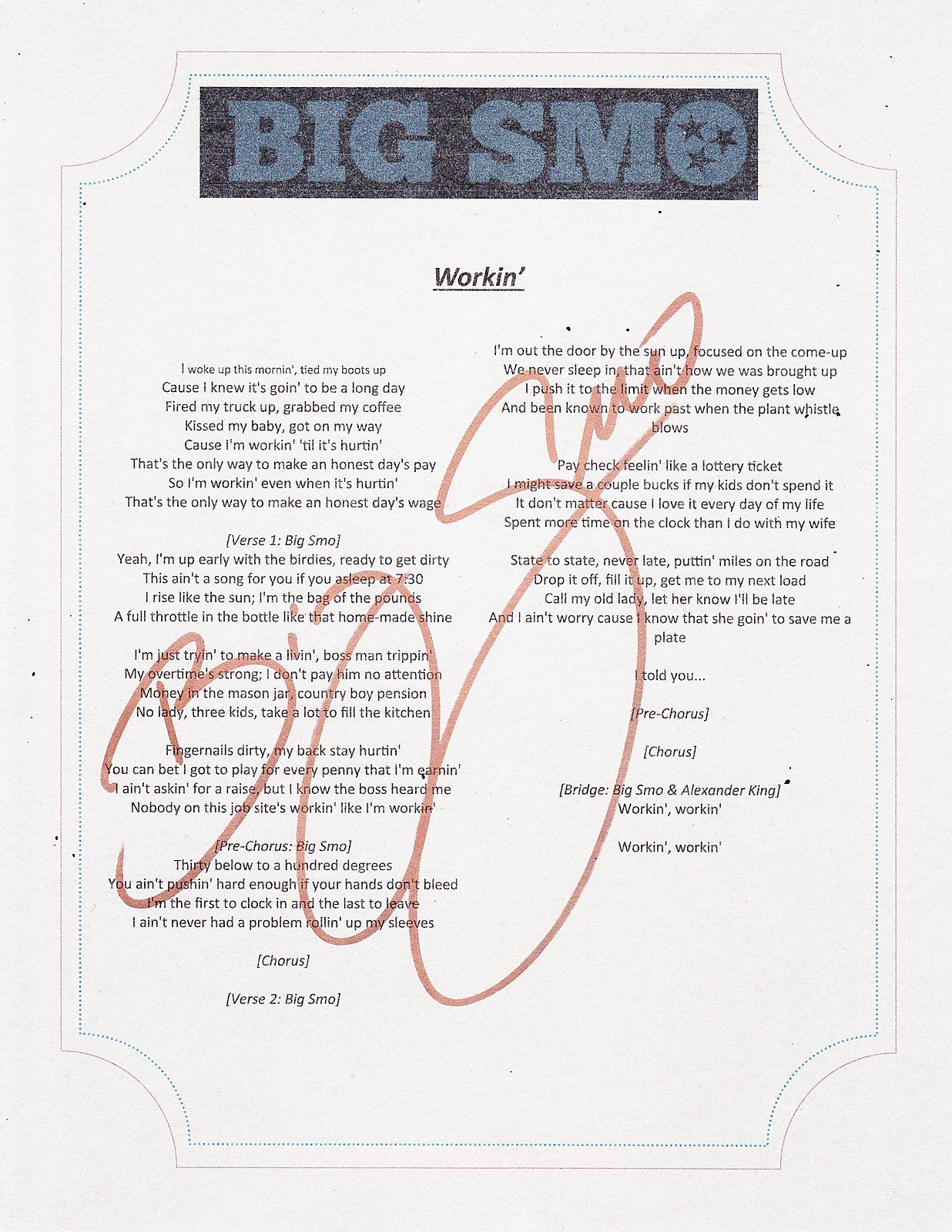 BIG SMO SIGNED LYRIC SHEET SONG “WORKIN”  COLLECTIBLE MEMORABILIA