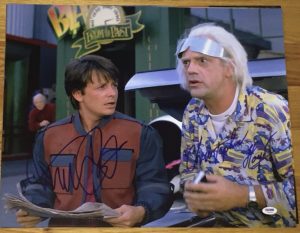 MICHAEL J. FOX CHRISTOPHER LLOYD SIGNED BACK TO THE FUTURE 16×20 PHOTO PSA/DNA C  COLLECTIBLE MEMORABILIA