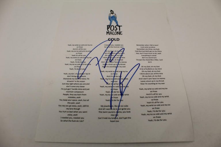 POST MALONE SIGNED AUTOGRAPH “COLD” LYRIC SHEET – STONEY, HOLLYWOOD’S BLEEDING  COLLECTIBLE MEMORABILIA
