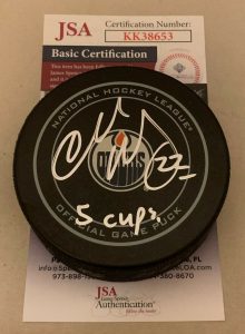 CHARLIE HUDDY SIGNED EDMONTON OILERS OFFICIAL GAME PUCK AUTOGRAPHED 5 CUPS JSA  COLLECTIBLE MEMORABILIA