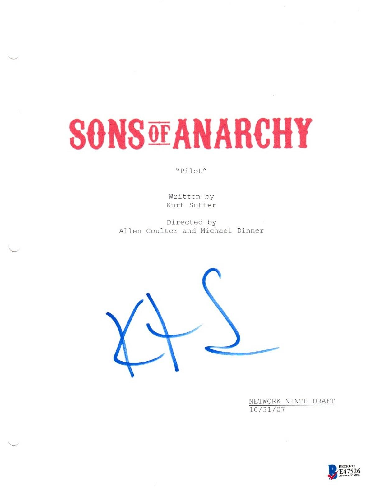 KURT SUTTER SIGNED SONS OF ANARCHY PILOT SCRIPT BECKETT BAS AUTOGRAPH AUTO COLLECTIBLE MEMORABILIA