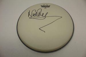 NICK MASON SIGNED AUTOGRAPH DRUMHEAD – PINK FLOYD DRUMMER, THE WALL, DARK SIDE  COLLECTIBLE MEMORABILIA