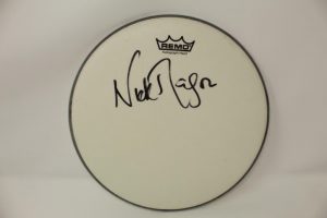 NICK MASON SIGNED AUTOGRAPH DRUMHEAD – PINK FLOYD DRUMMER, DARK SIDE OF THE MOON  COLLECTIBLE MEMORABILIA