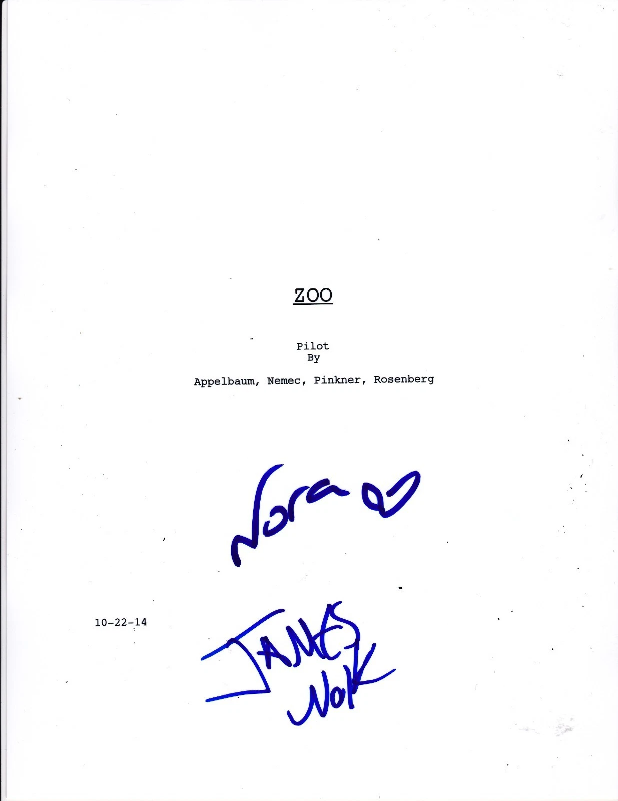 JAMES WOLK NORA ARNEZEDER SIGNED ZOO PILOT EPISODE SCRIPT FULL 57 PAGE AUTOGRAPH Collectible Memorabilia