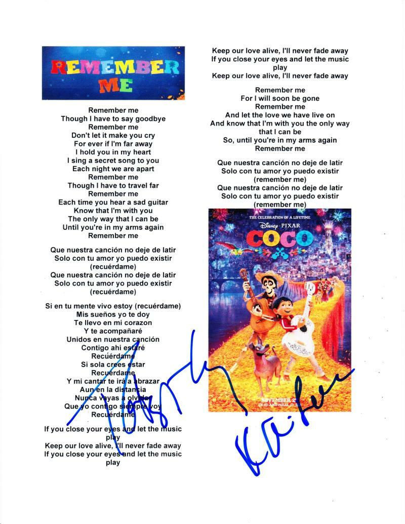 ROBERT LOPEZ KRISTEN-ANDERSON LOPEZ SIGNED REMEMBER ME COCO LYRIC SHEET AUTO COA Collectible Memorabilia