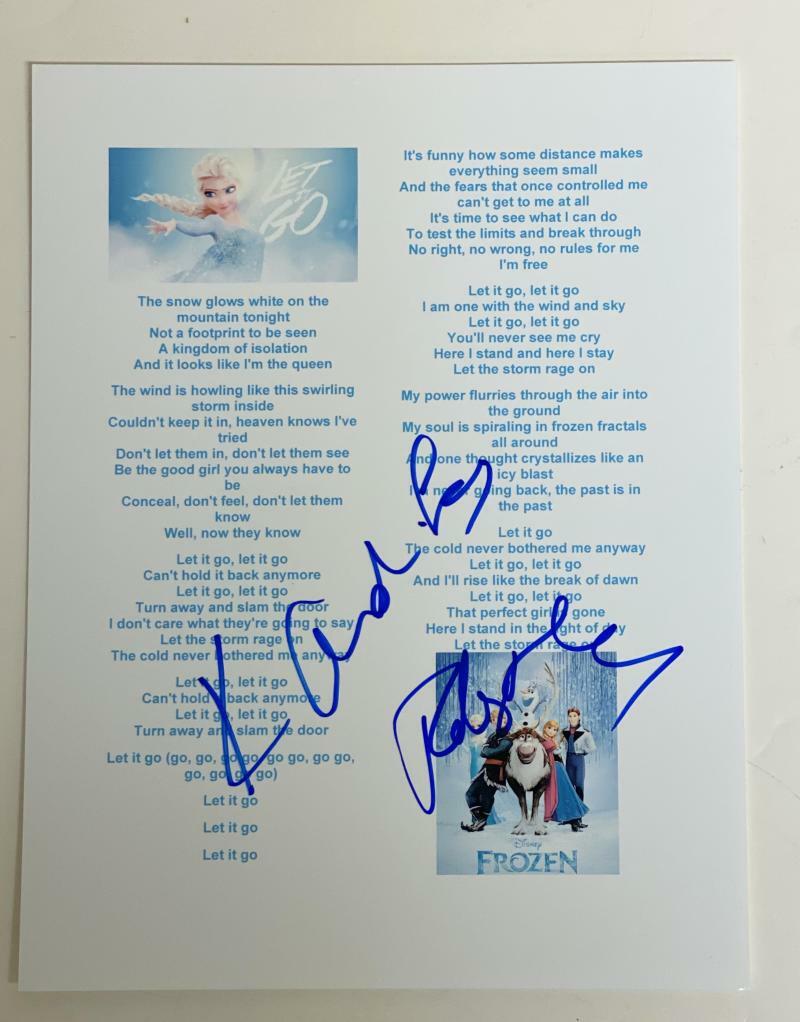 ROBERT LOPEZ KRISTEN-ANDERSON LOPEZ SIGNED LET IT GO FROZEN LYRIC SHEET AUTO COA Collectible Memorabilia
