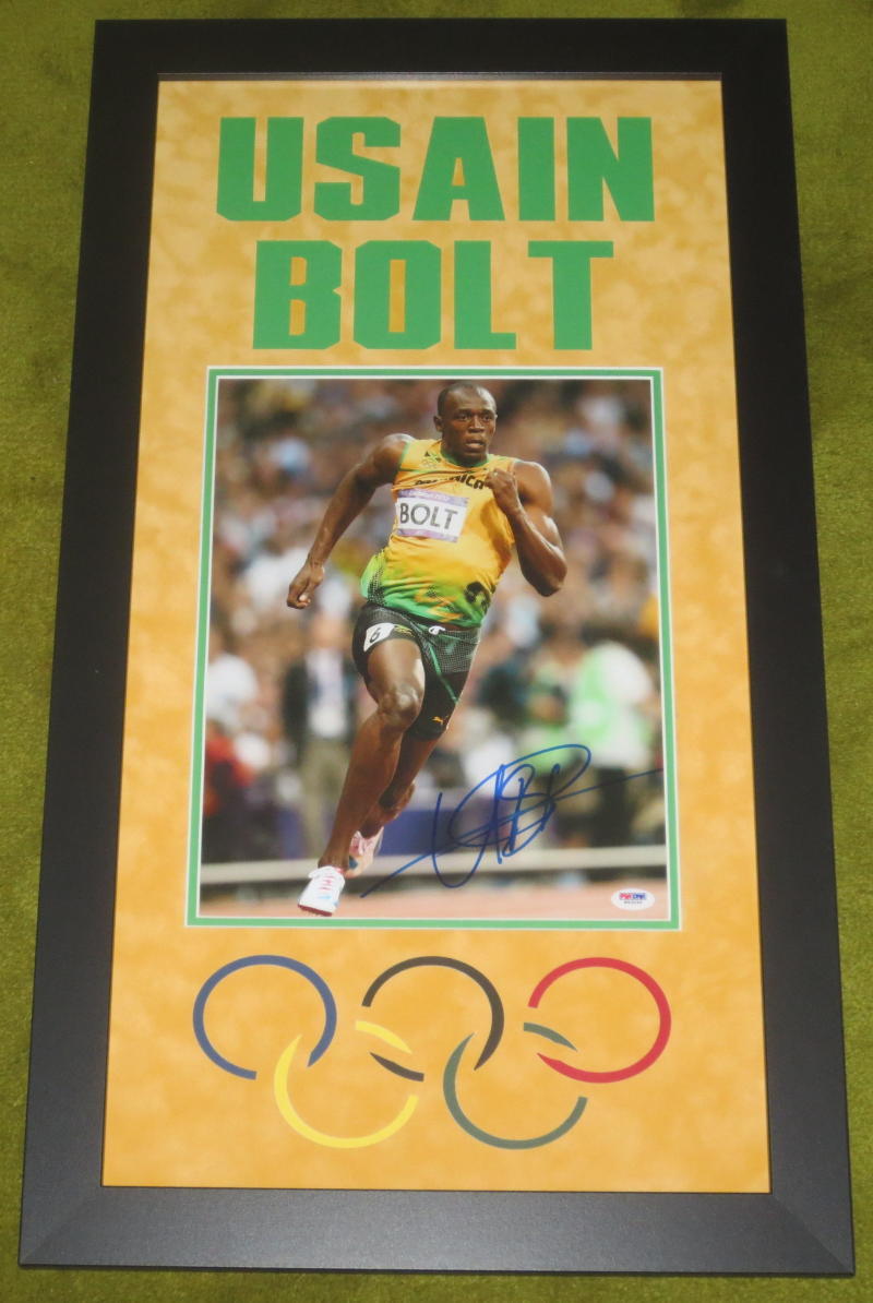 USAIN BOLT JAMAICA OLYMPICS SIGNED 11X14 PHOTO PROFESSIONALLY FRAMED PSA COA  COLLECTIBLE MEMORABILIA