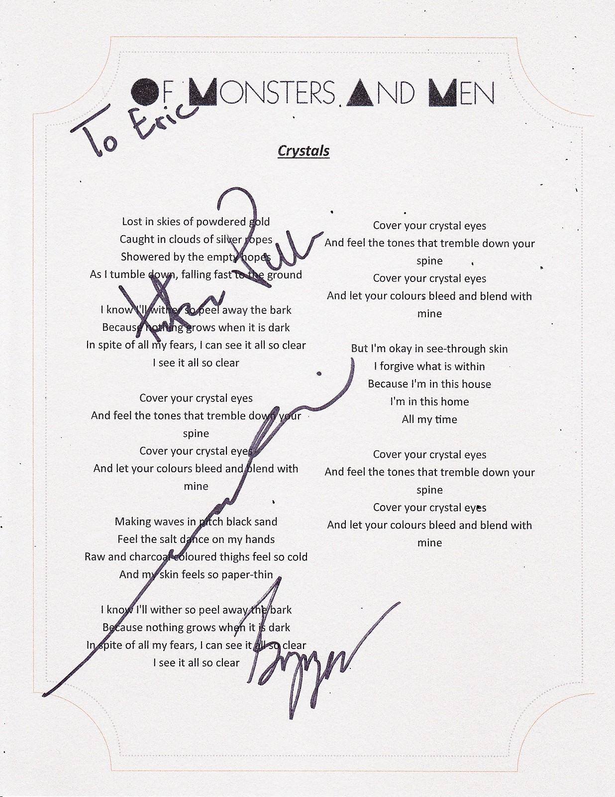 OF MONSTERS AND MEN GROUP SIGNED CRYSTALS LYRIC SHEET Collectible Memorabilia