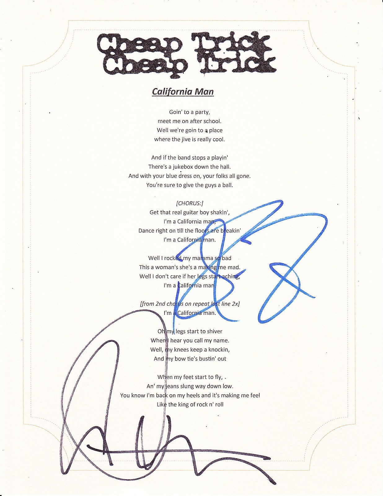 CHEAP TRICK GROUP SIGNED CALIFORNIA MAN LYRIC SHEET  COLLECTIBLE MEMORABILIA