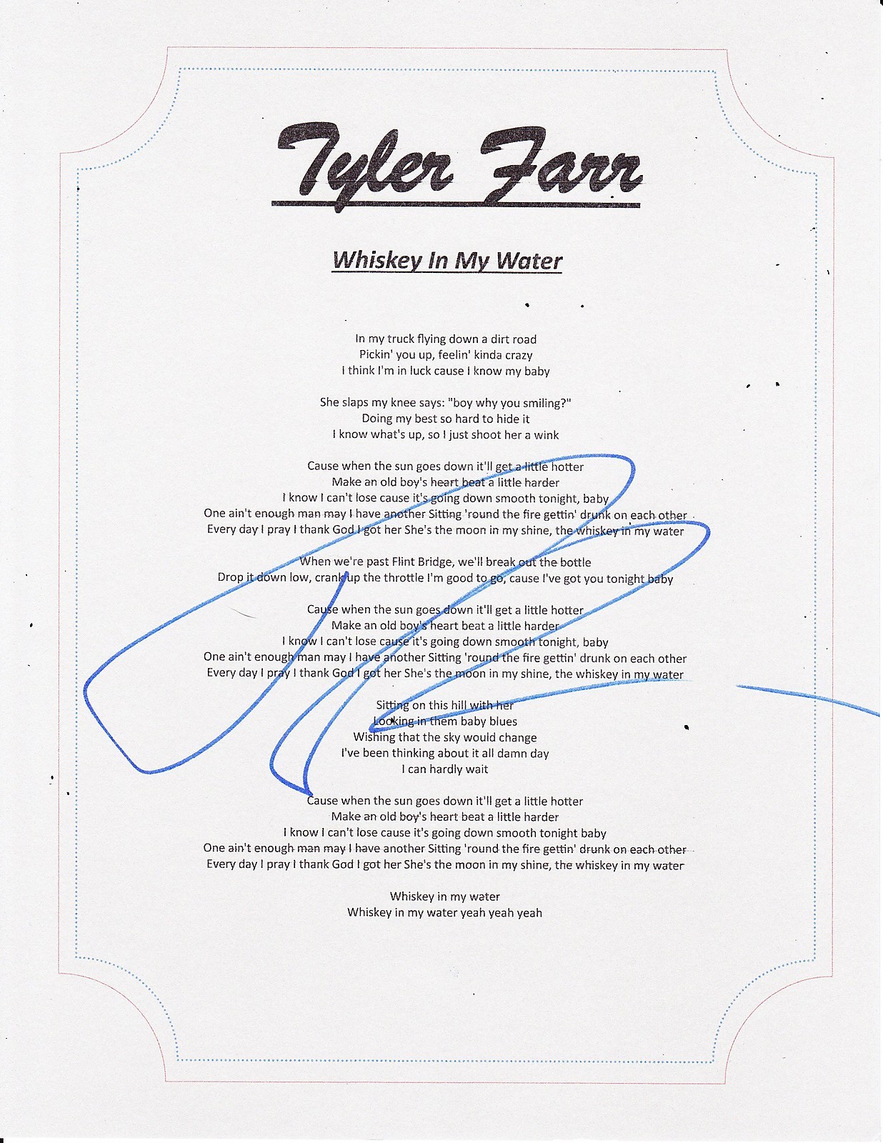 REDNECK CRAZY TYLER FARR SIGNED WHISKEY IN MY WATER LYRIC SHEET Collectible Memorabilia