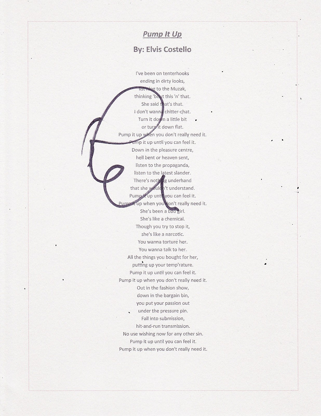ELVIS COSTELLO SIGNED PUMP IT UP LYRIC SHEET  COLLECTIBLE MEMORABILIA