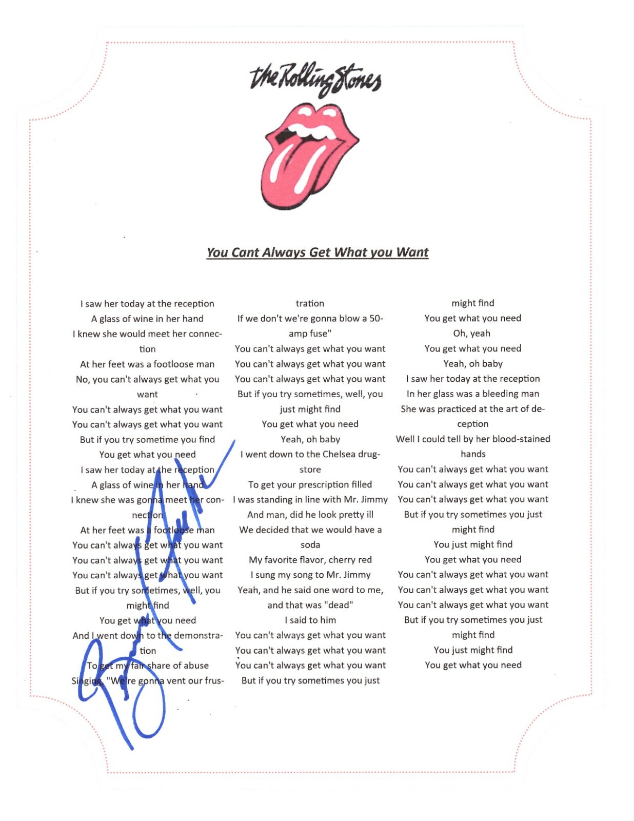 ROLLING STONES BERNARD FOWLER SIGNED U CANT ALWAYS GET WHAT U WANT LYRIC SHEET Collectible Memorabilia