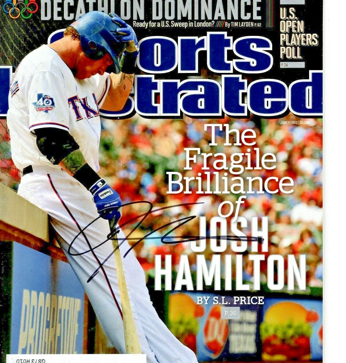 TEXAS RANGERS JOSH HAMILTON SIGNED SPORTS ILLUSTRATED JUNE 11, 2012 Collectible Memorabilia