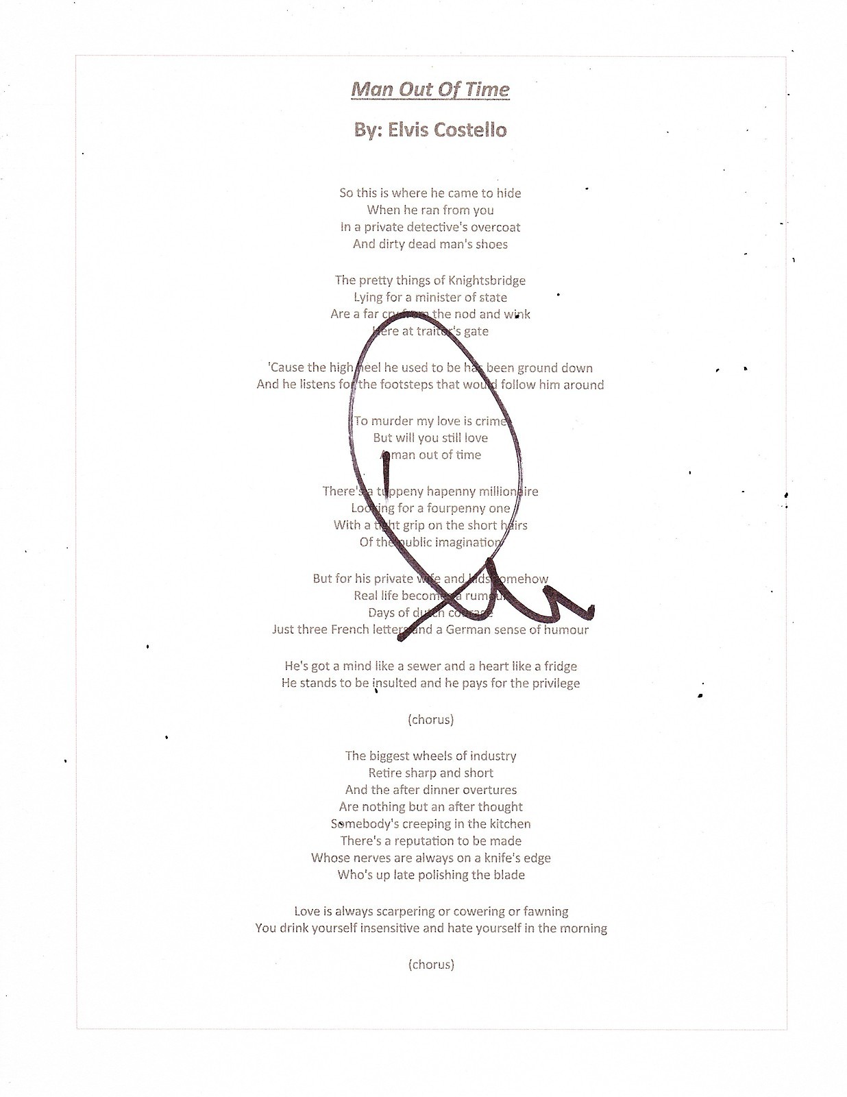 ELVIS COSTELLO SIGNED MAN OUT OF TIME LYRIC SHEET  COLLECTIBLE MEMORABILIA