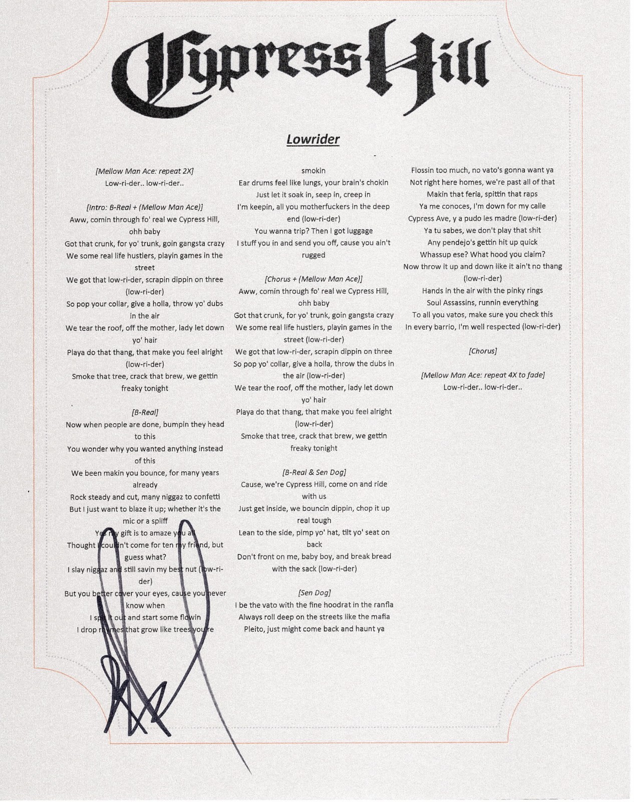 CYPRESS HILL B-REAL SIGNED LOWRIDER LYRIC SHEET Collectible Memorabilia