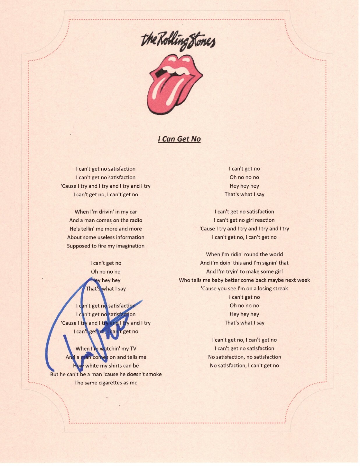 THE ROLLING STONES TIM RIES SIGNED I CANT GET NO LYRIC SHEET Collectible Memorabilia