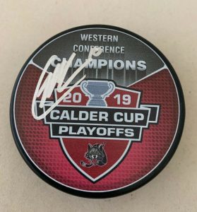 CURTIS MCKENZIE SIGNED CHICAGO WOLVES 2019 WESTERN CONFERENCE CHAMPS PUCK  COLLECTIBLE MEMORABILIA