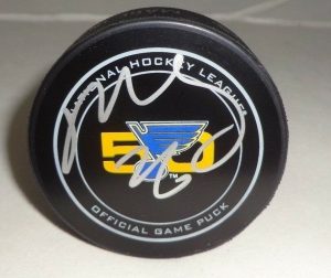 PAUL STASTNY SIGNED ST. LOUIS BLUES 50TH ANNIVERSARY OFFICIAL GAME PUCK B  COLLECTIBLE MEMORABILIA