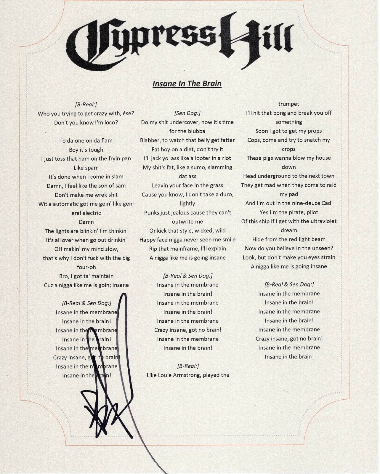 CYPRESS HILL B-REAL SIGNED INSANE IN THE BRAIN LYRIC SHEET 2B ...