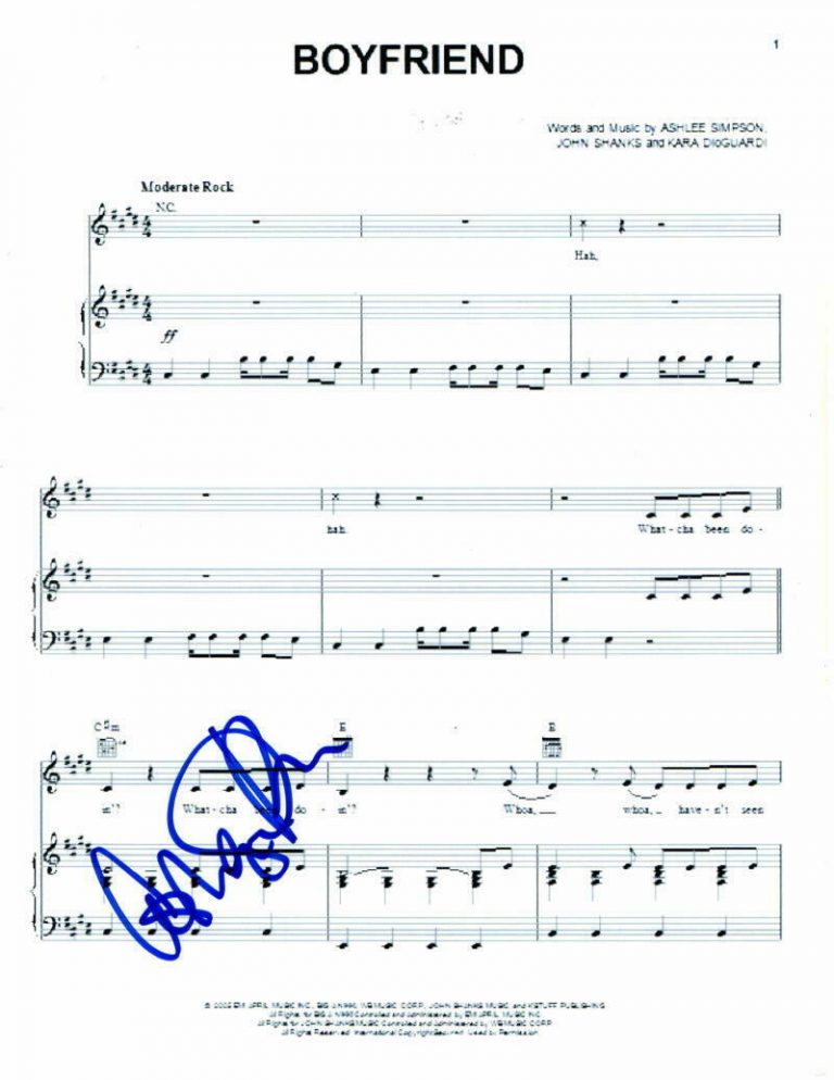 ASHLEE SIMPSON SIGNED AUTOGRAPH “BOYFRIEND” SHEET MUSIC – PIECES OF ME, JESSICA  COLLECTIBLE MEMORABILIA