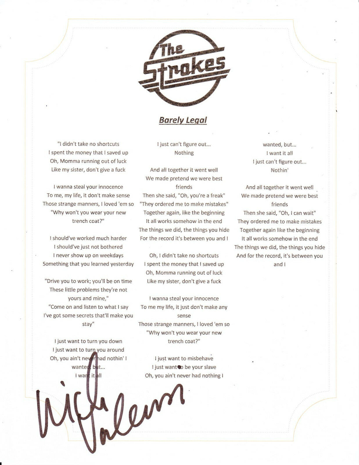 The Strokes Nick Valensi Signed Barely Legal Lyric Sheet Collectible