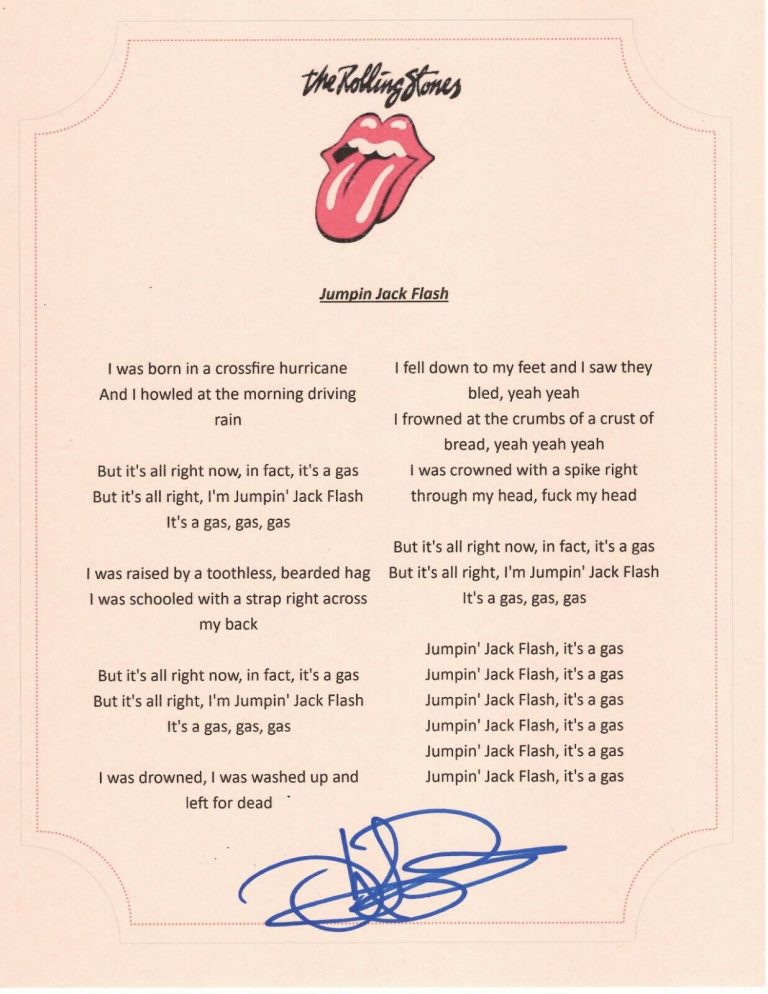 THE ROLLING STONES KARL DENSON SIGNED JUMPIN JACK FLASH LYRIC SHEET  COLLECTIBLE MEMORABILIA