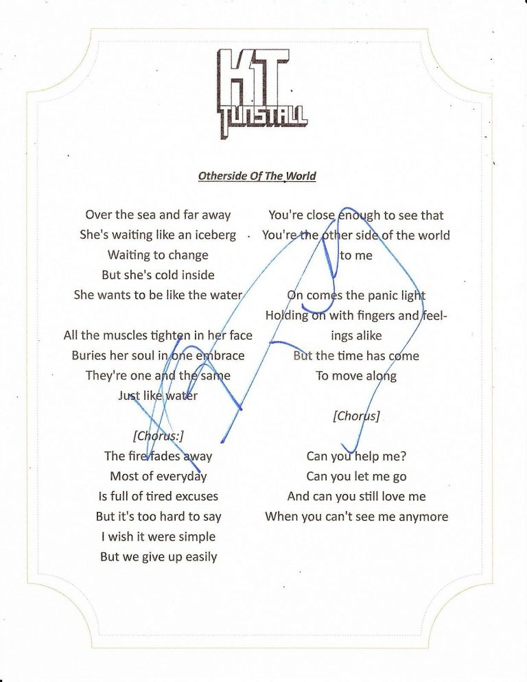KT TUNSTALL SIGNED OTHERSIDE OF THE WORLD LYRIC SHEET  COLLECTIBLE MEMORABILIA