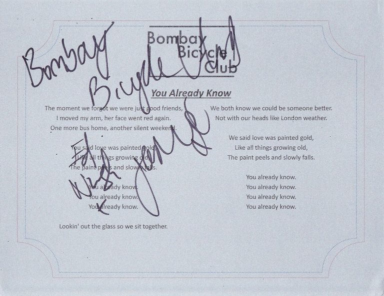 BOMBAY BICYCLE CLUB GROUP SIGNED YOU ALREADY KNOW LYRIC SHEET  COLLECTIBLE MEMORABILIA