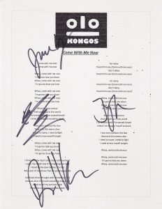 KONGOS GROUP SIGNED COME WITH ME NOW LYRIC SHEET  COLLECTIBLE MEMORABILIA