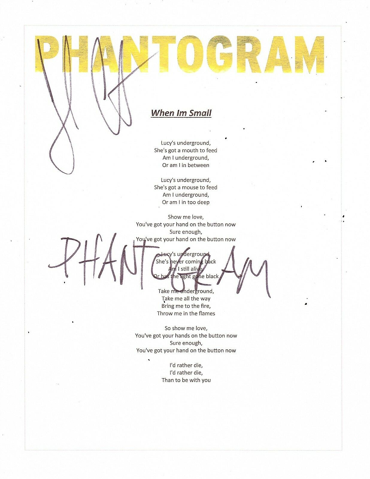 PHANTOGRAM JOSH CARTER SIGNED WHEN IM SMALL LYRIC SHEET Collectible Memorabilia