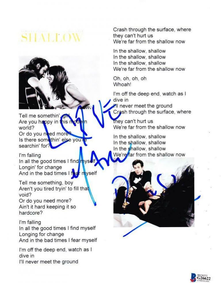 MARK RONSON SIGNED LYRIC SHEET A STAR IS BORN SHALLOWS AUTOGRAPH BECKETT COA  COLLECTIBLE MEMORABILIA