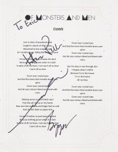 OF MONSTERS AND MEN GROUP SIGNED CRYSTALS LYRIC SHEET  COLLECTIBLE MEMORABILIA