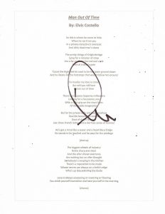 ELVIS COSTELLO SIGNED MAN OUT OF TIME LYRIC SHEET  COLLECTIBLE MEMORABILIA