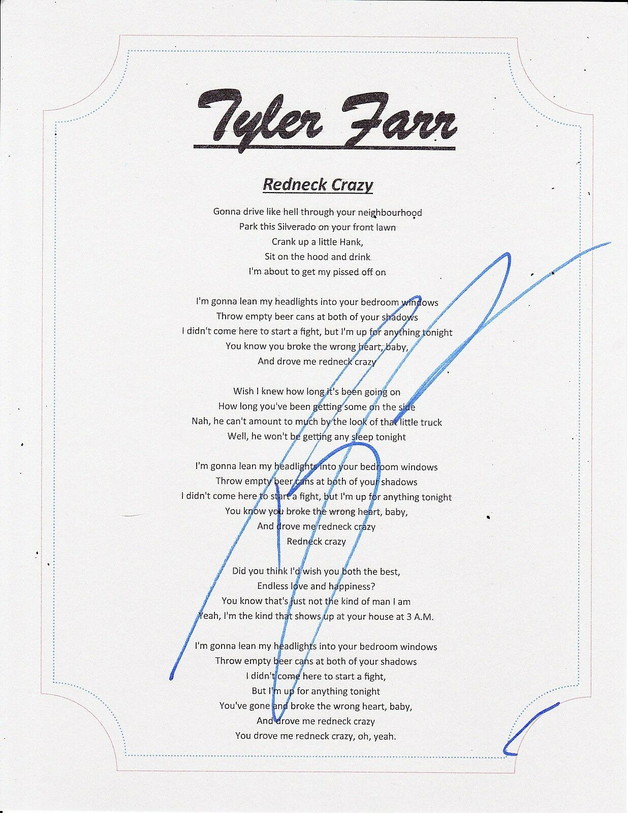 Crazy Autographed Lyric Sheets