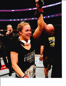 UFC RONDA ROUSEY SIGNED POST FIGHT WIN BELT ON 8X10  COLLECTIBLE MEMORABILIA