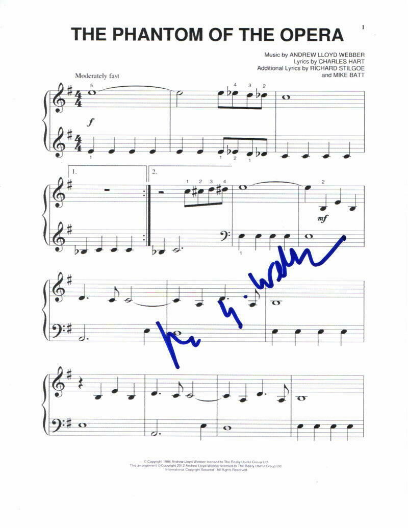 Andrew Lloyd Webber Signed Autograph The Phantom Of The Opera Sheet Music Rare Collectible 4680