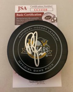 RICK TOCCHET SIGNED PITTSBURGH PENGUINS 50TH ANNIVERSARY OFFICIAL GAME PUCK JSA  COLLECTIBLE MEMORABILIA