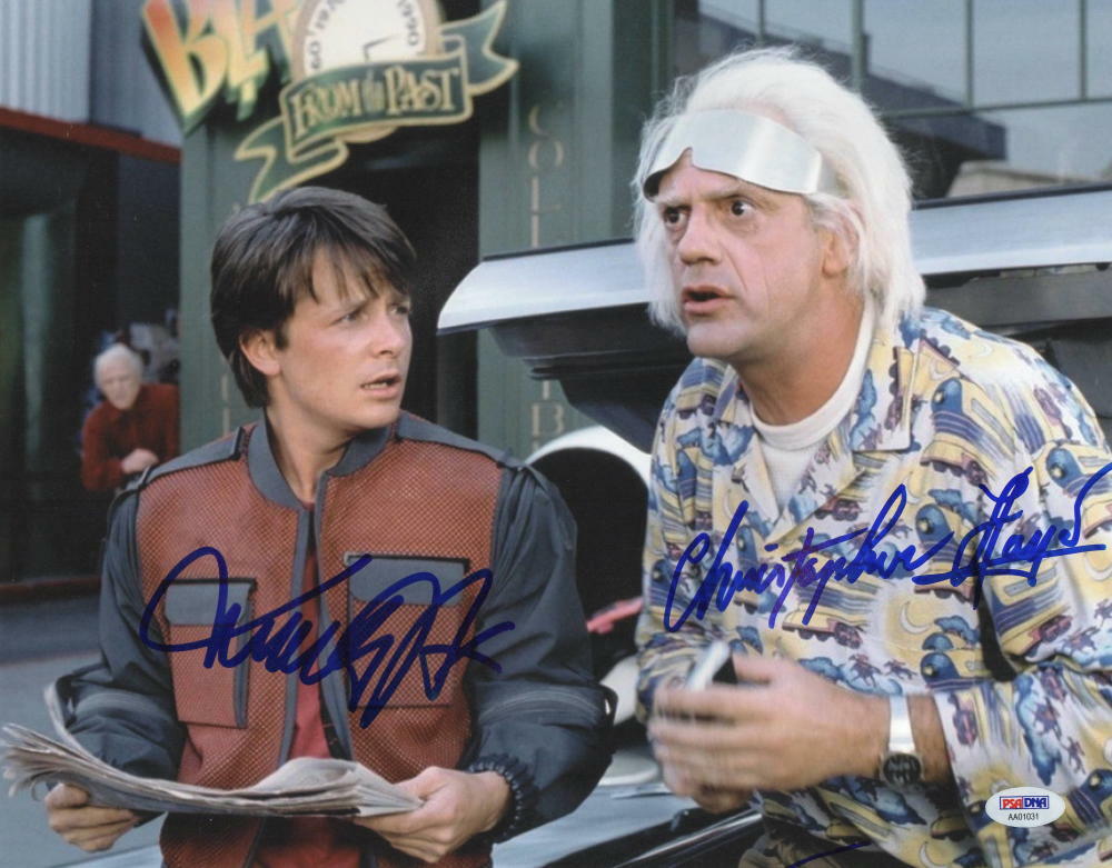 MICHAEL J FOX CHRISTOPHER LLOYD SIGNED BACK TO THE FUTURE 11X14 PHOTO PSA LOA D Collectible Memorabilia