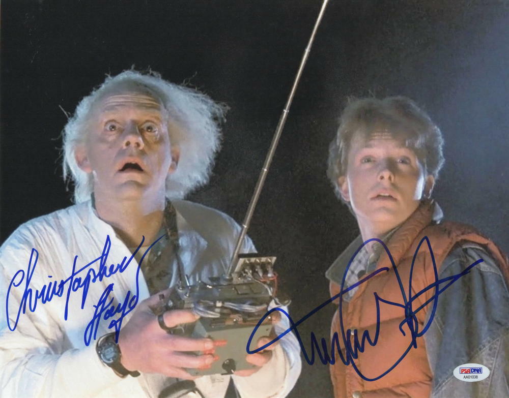 MICHAEL J FOX CHRISTOPHER LLOYD SIGNED BACK TO THE FUTURE 11X14 PHOTO PSA LOA F Collectible Memorabilia
