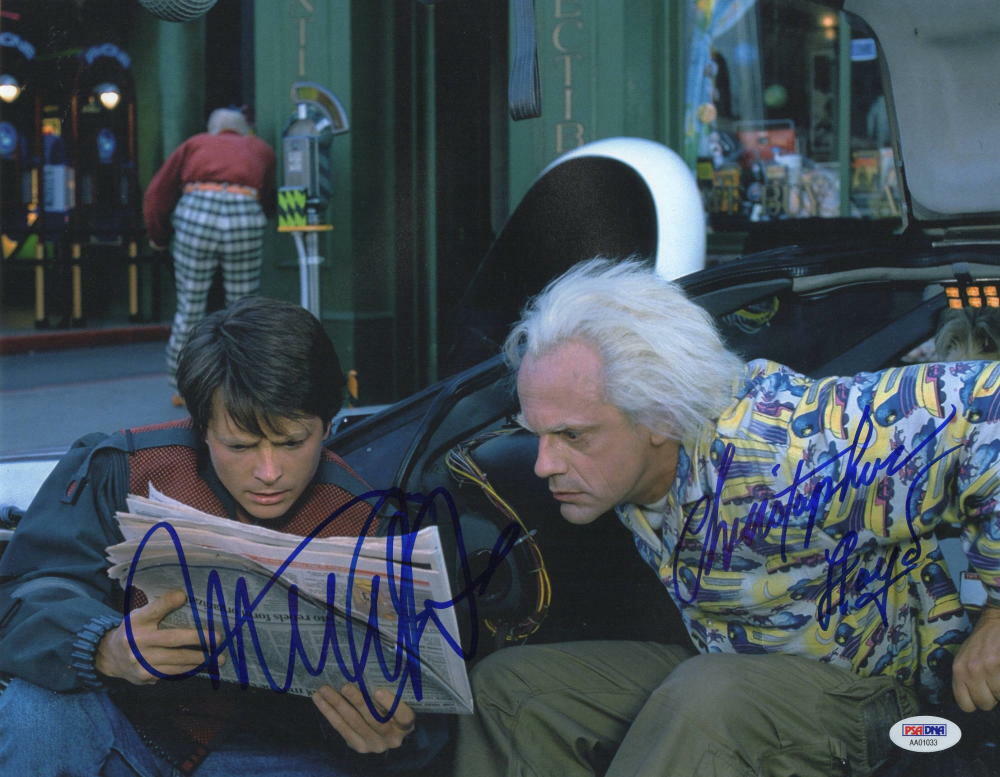 MICHAEL J FOX CHRISTOPHER LLOYD SIGNED BACK TO THE FUTURE 11X14 PHOTO PSA LOA J Collectible Memorabilia