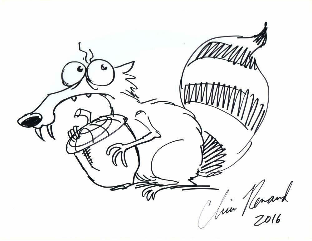 Chris Renaud Signed Autograph 8.5x11 Ice Age Scrat Hand-drawn Sketch 