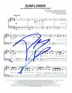 POST MALONE SIGNED AUTOGRAPH “SUNFLOWER” SHEET MUSIC – INTO THE SPIDER-VERSE  COLLECTIBLE MEMORABILIA