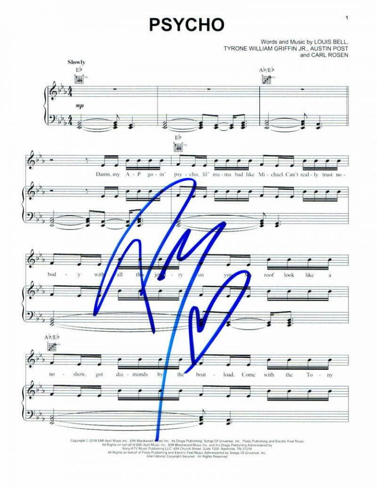 POST MALONE SIGNED AUTOGRAPH “PSYCHO” SHEET MUSIC – BEERBONGS & BENTLEYS, STONEY  COLLECTIBLE MEMORABILIA