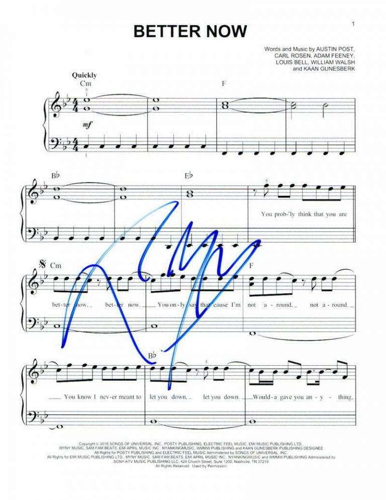 POST MALONE SIGNED AUTOGRAPH “BETTER NOW” SHEET MUSIC – HOLLYWOOD’S BLEEDING  COLLECTIBLE MEMORABILIA