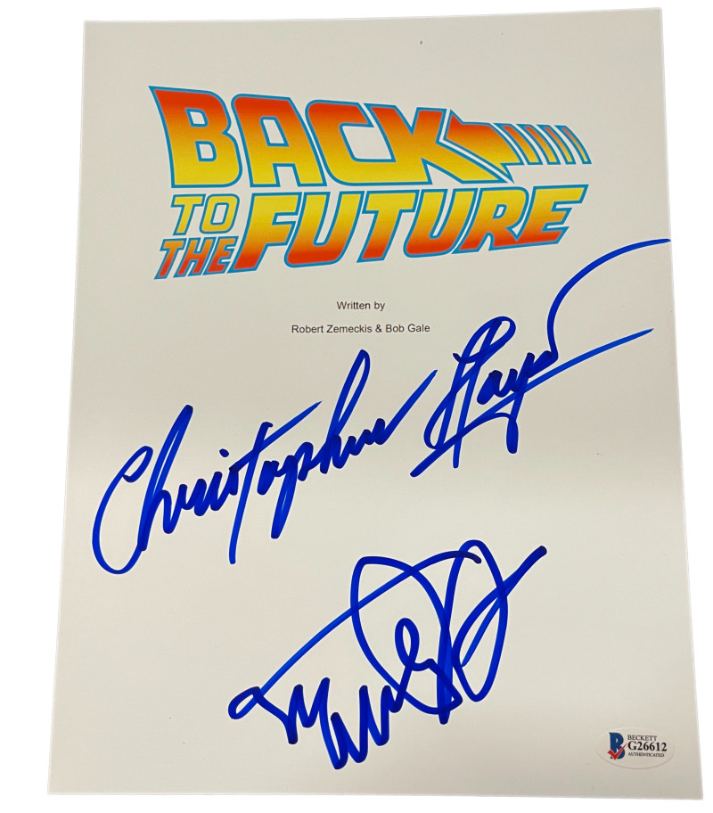 MICHAEL J FOX CHRISTOPHER LLOYD SIGNED BACK TO THE FUTURE SCRIPT AUTO BECKETT