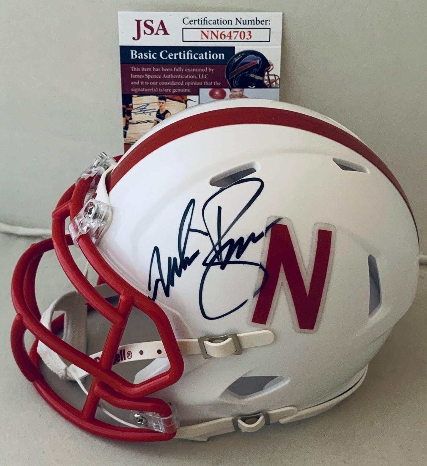 Mike Rozier signed Nebraska Cornhuskers 125th Anniversary mini helmet JSA